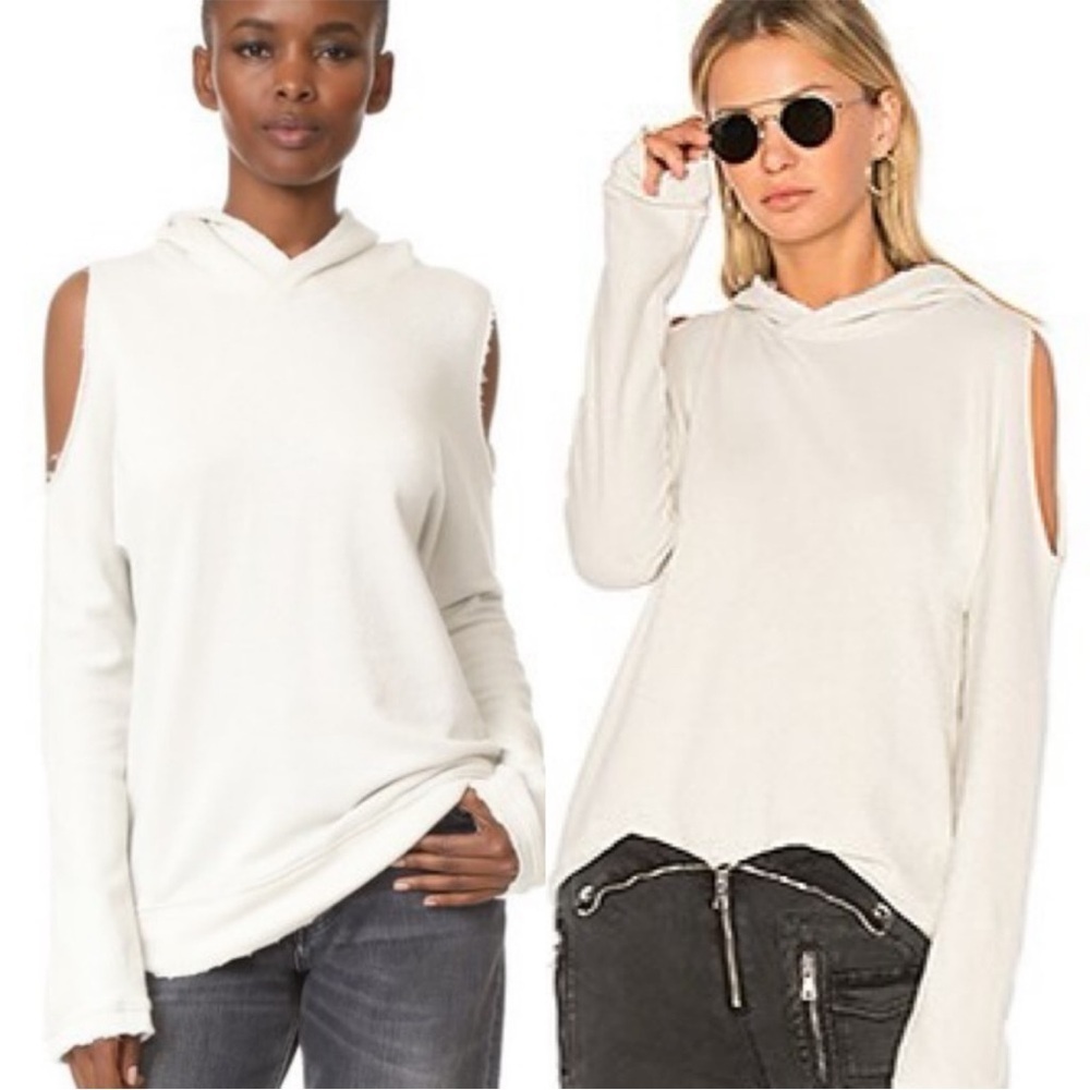 RtA JUNO COLD SHOULDER HOODED SWEATER Gray Metallic Speckled Sz XS
